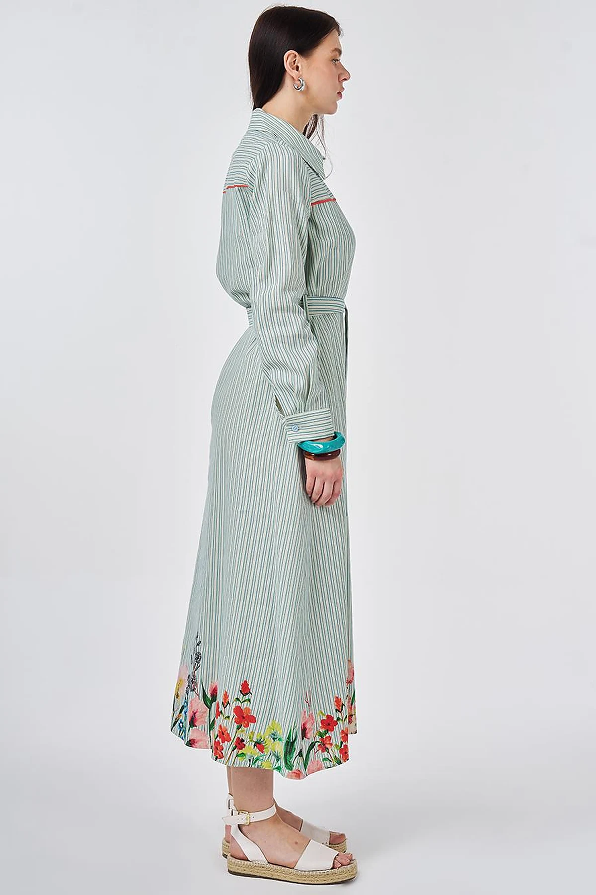 Belted Cotton Linen Dress Blue