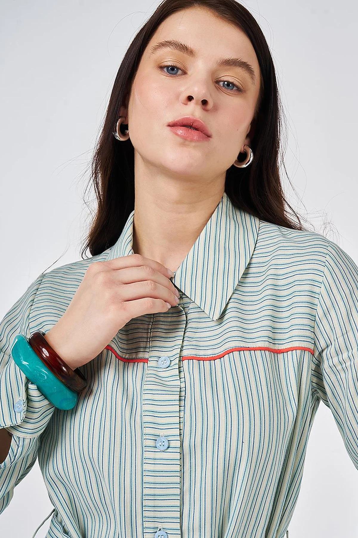 Belted Cotton Linen Dress Blue