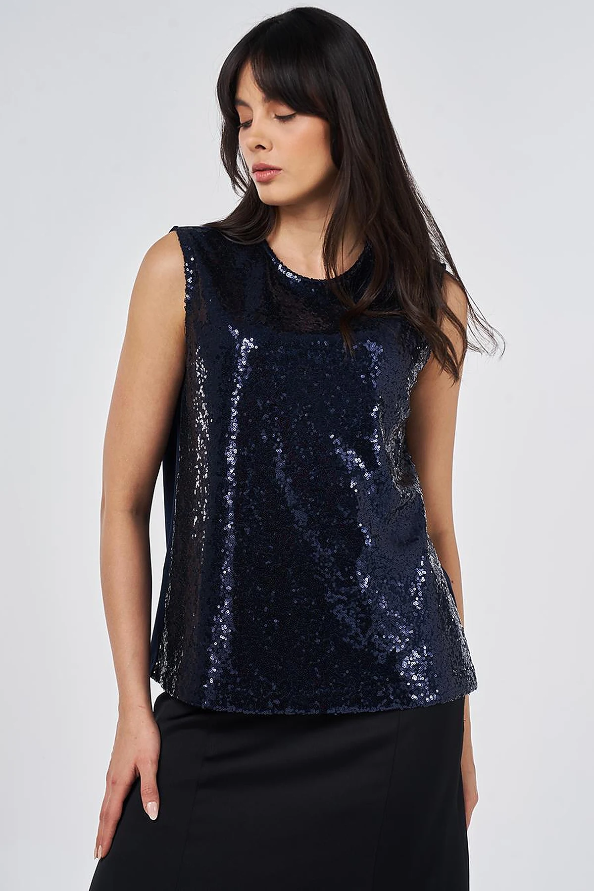 Crew Neck Sequin Blouse Dark Navy