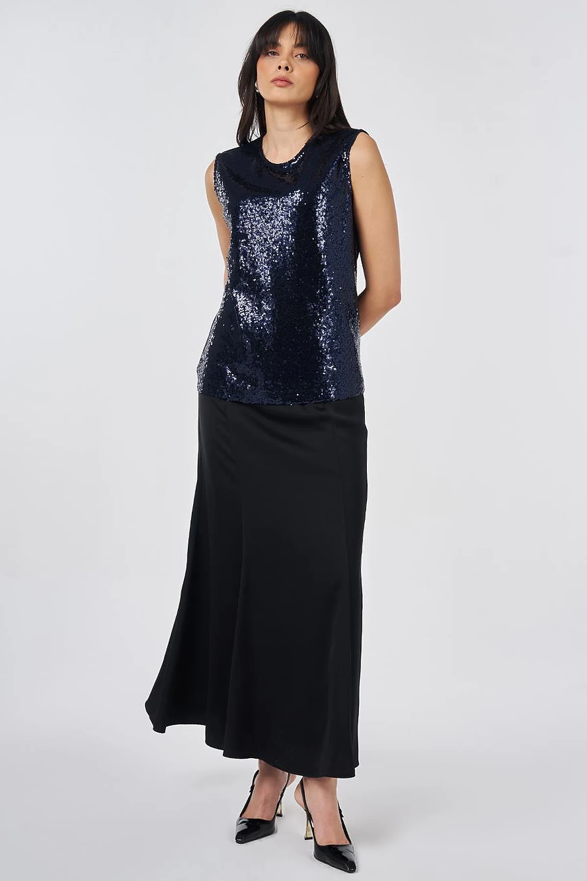Crew Neck Sequin Blouse Dark Navy