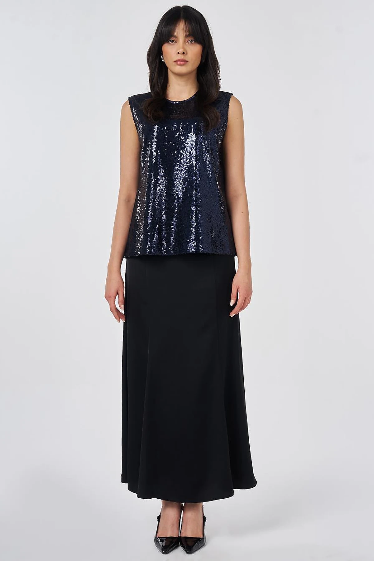 Crew Neck Sequin Blouse Dark Navy