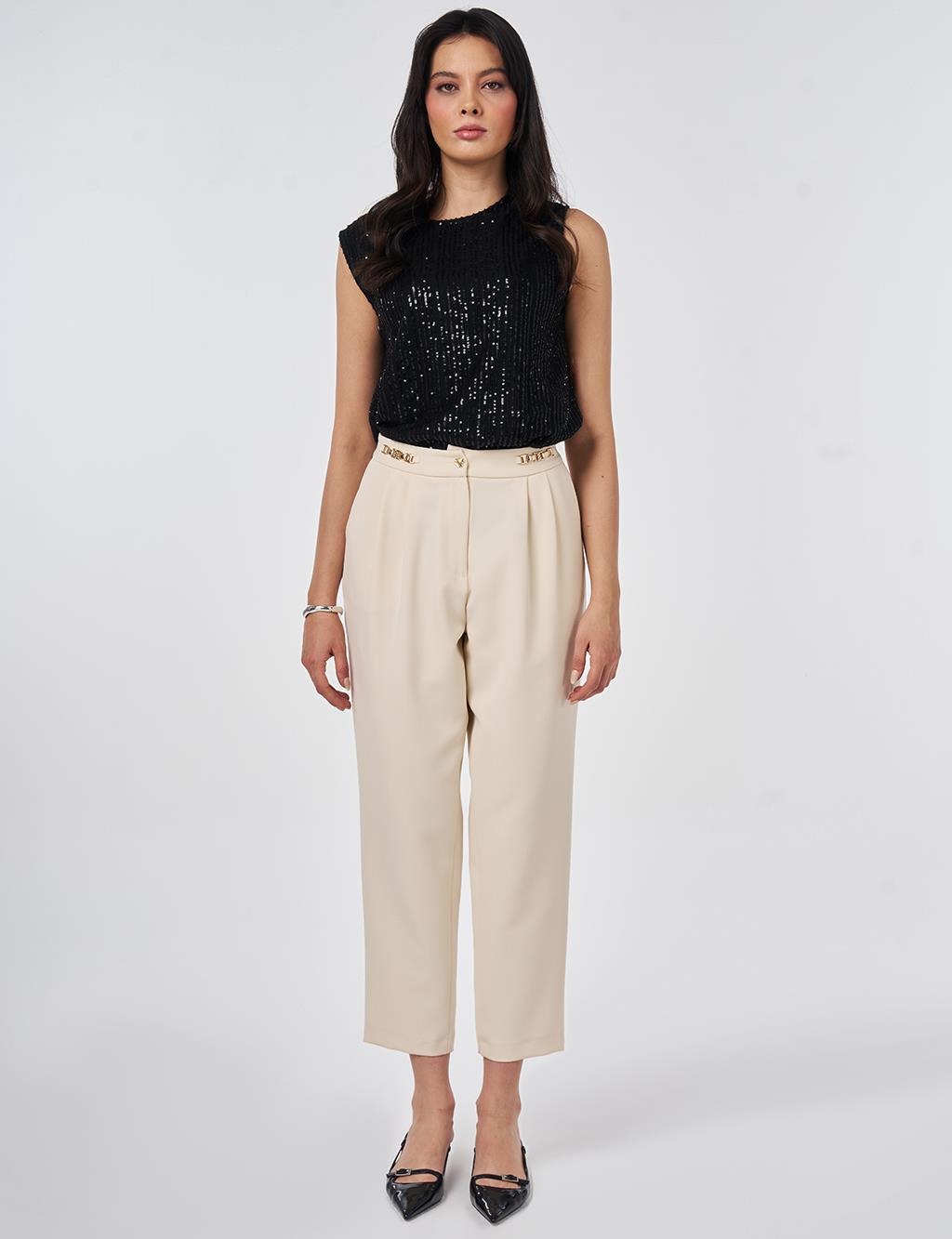Metal-Detail Tapered Pants Cream