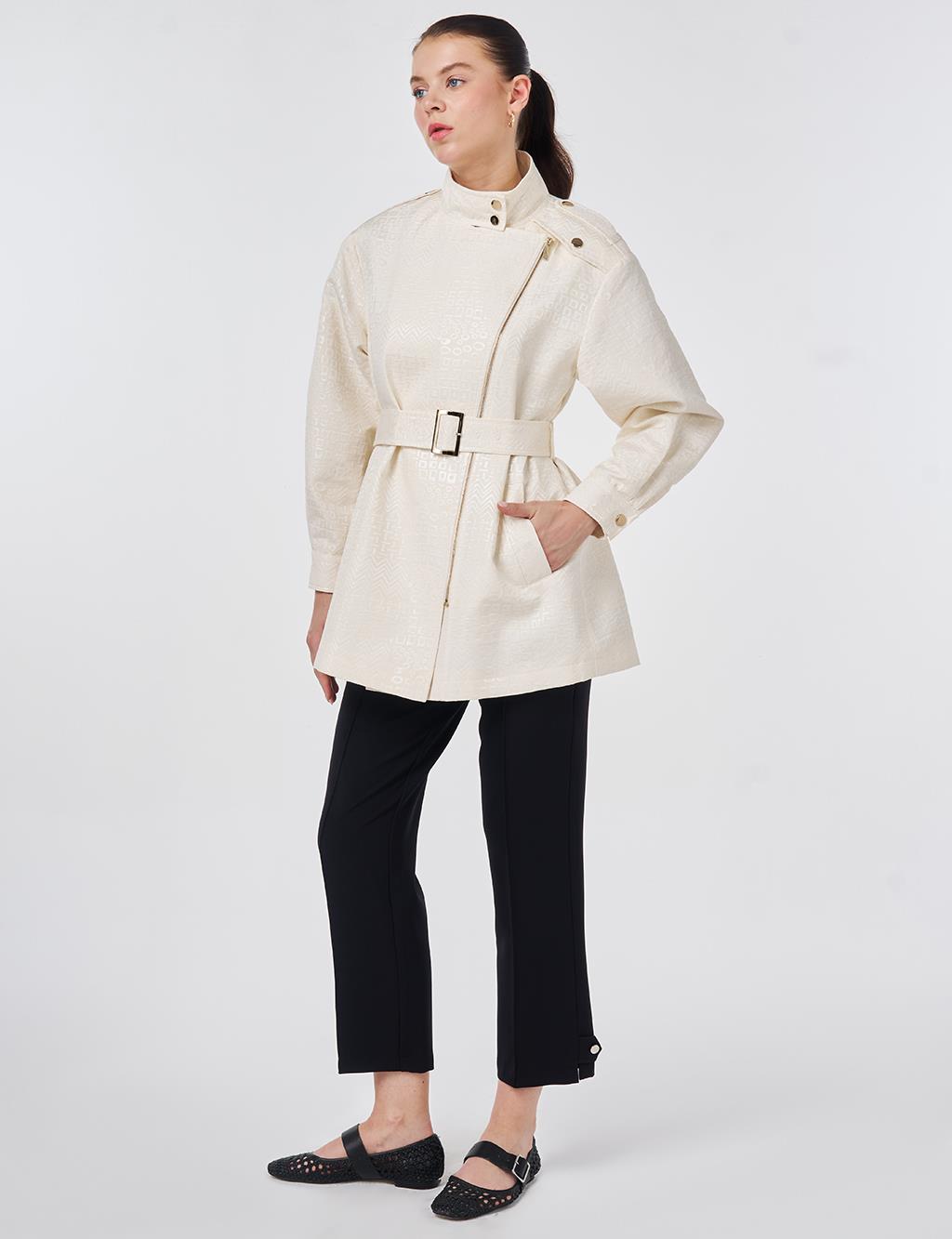 Buckle Detail Jacquard Jacket Cream