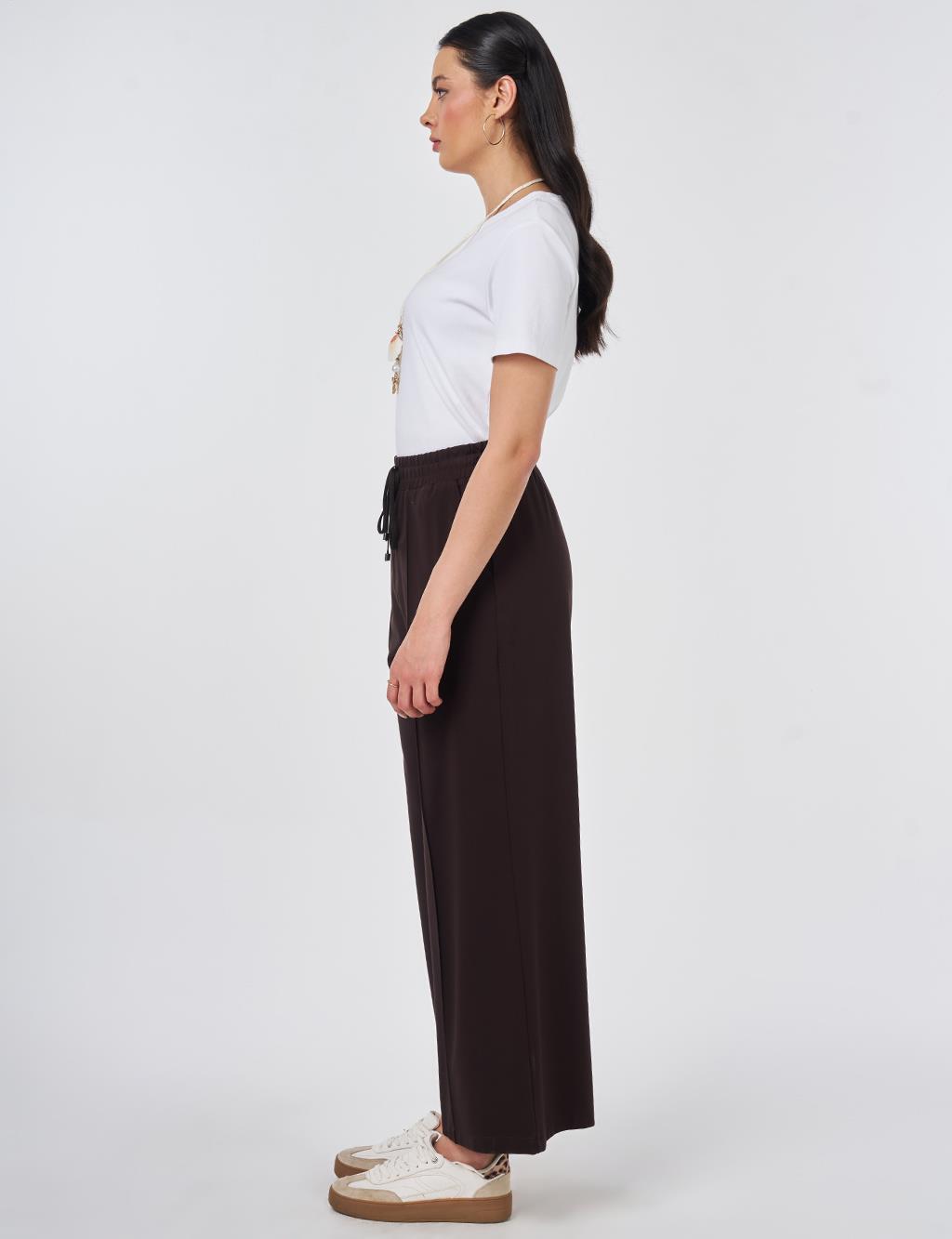 Elastic Waist Relaxed Fit Trousers Dark Brown