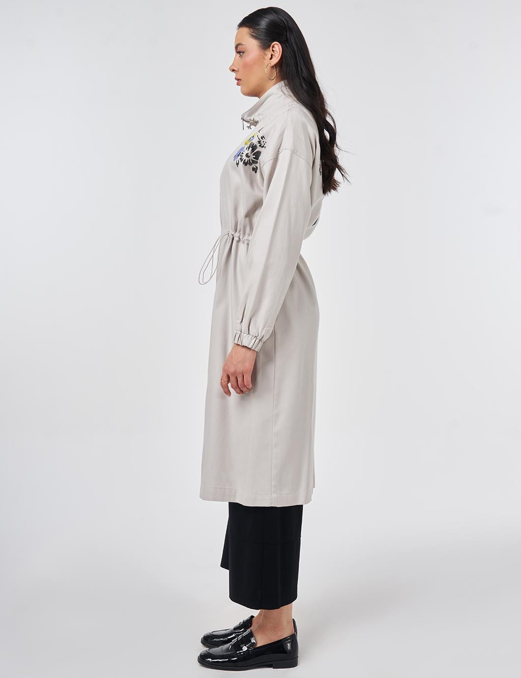 High-Neck Waist-Gathered Coat Light Grey