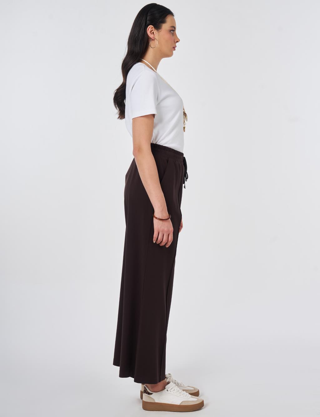Elastic Waist Relaxed Fit Trousers Dark Brown