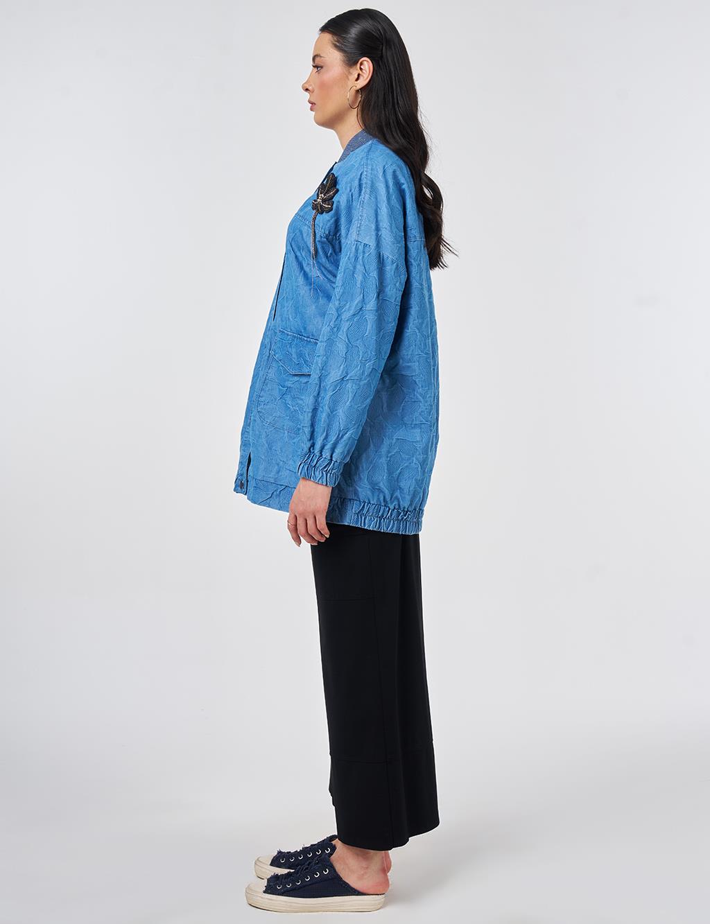 Embossed Pattern College Collar Jacket Indigo