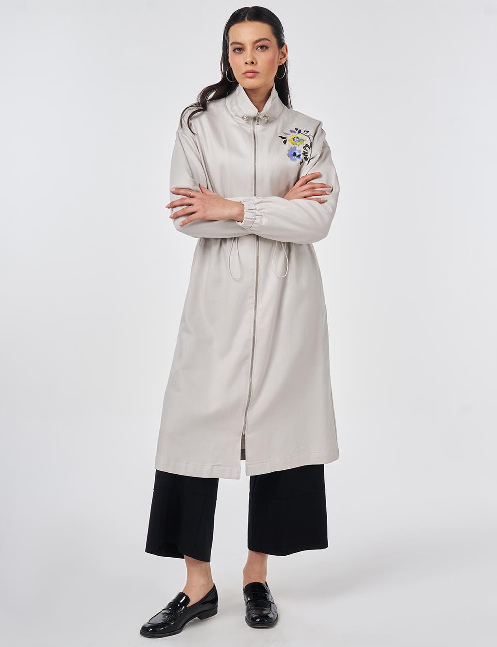 High-Neck Waist-Gathered Coat Light Grey