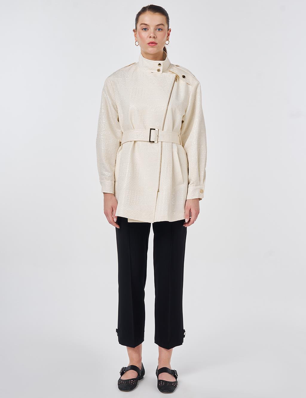 Buckle Detail Jacquard Jacket Cream