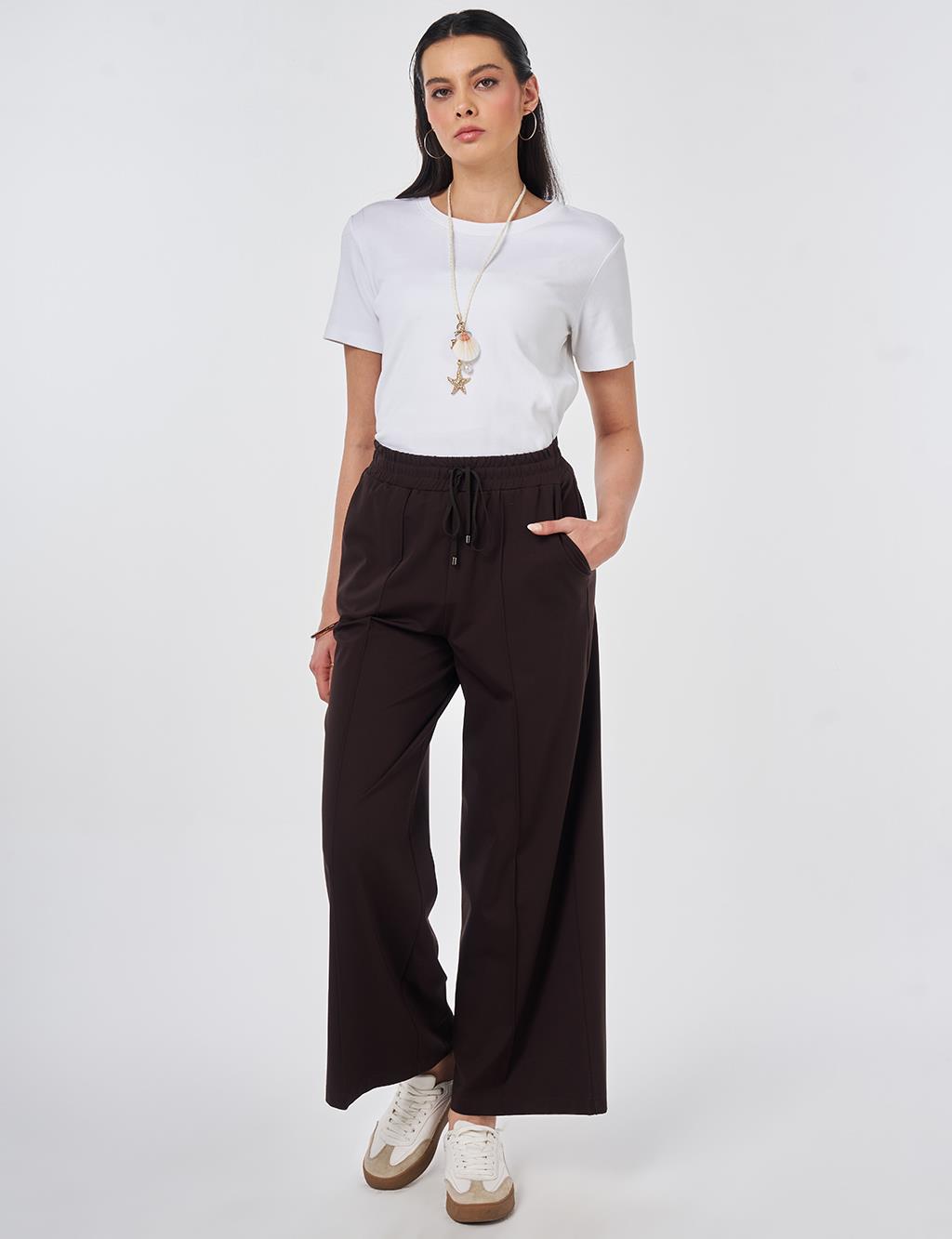 Elastic Waist Relaxed Fit Trousers Dark Brown