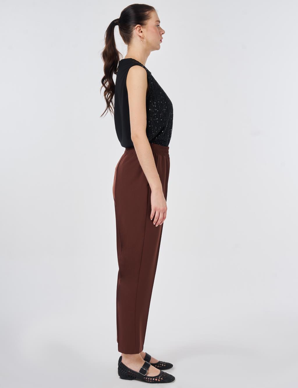 Topstitched Straight-Leg Pants Chocolate