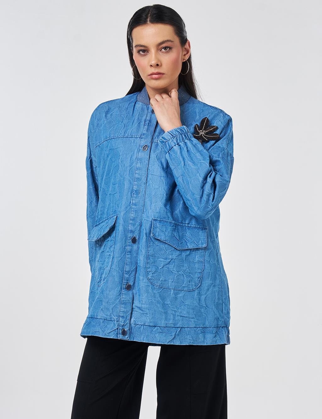 Embossed Pattern College Collar Jacket Indigo