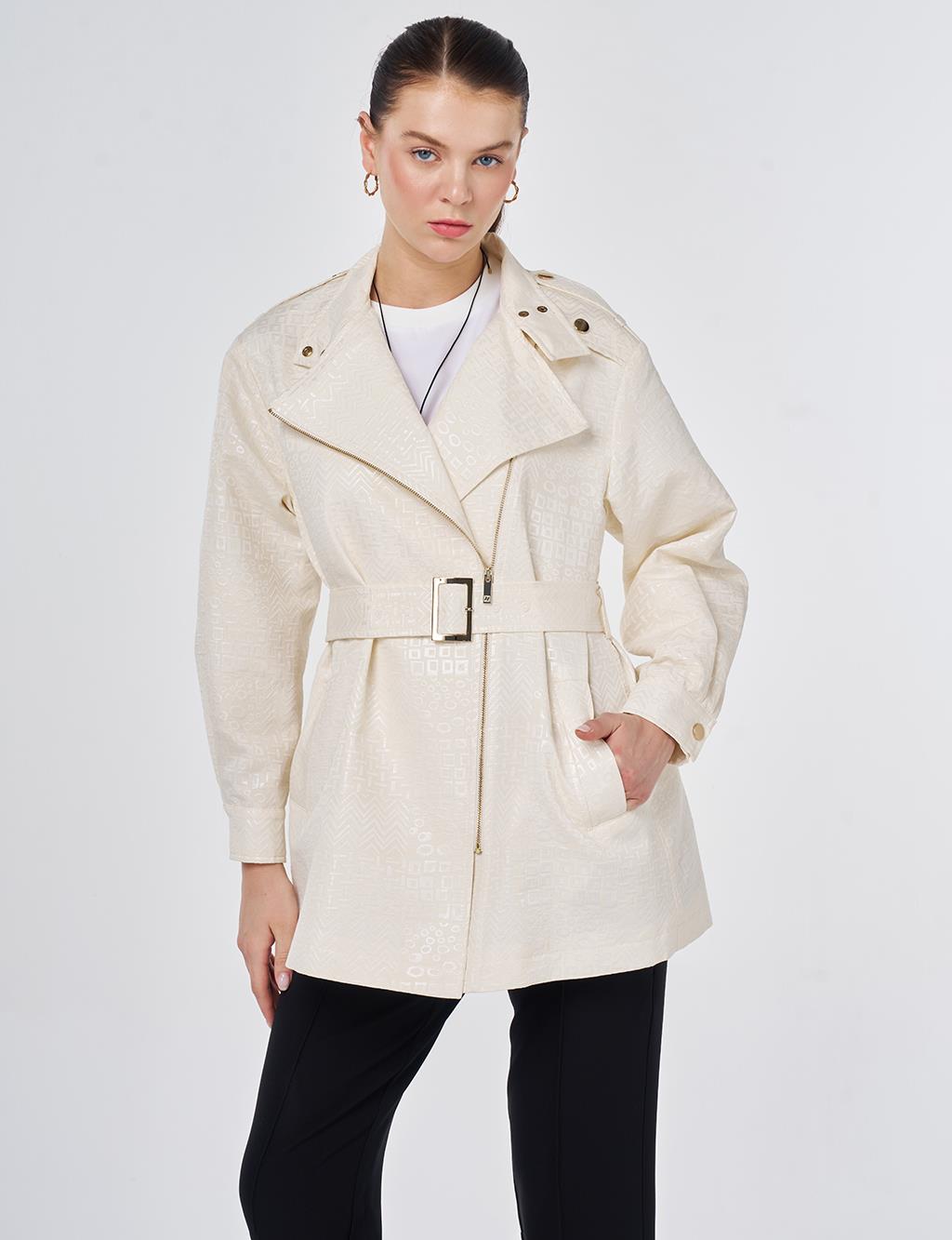 Buckle Detail Jacquard Jacket Cream