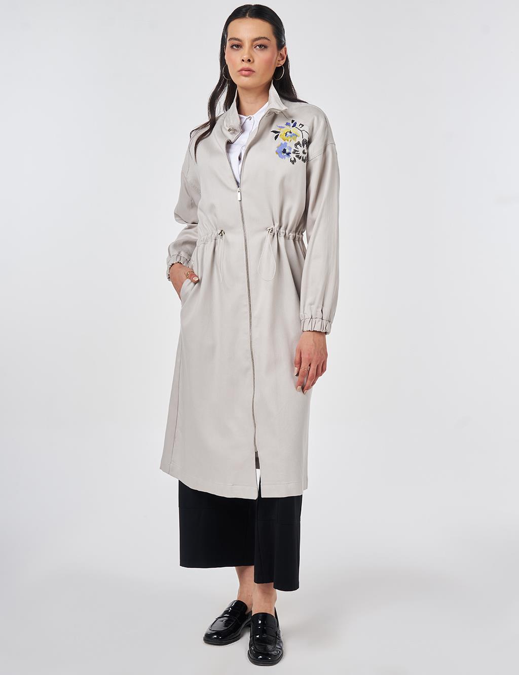 High-Neck Waist-Gathered Coat Light Grey
