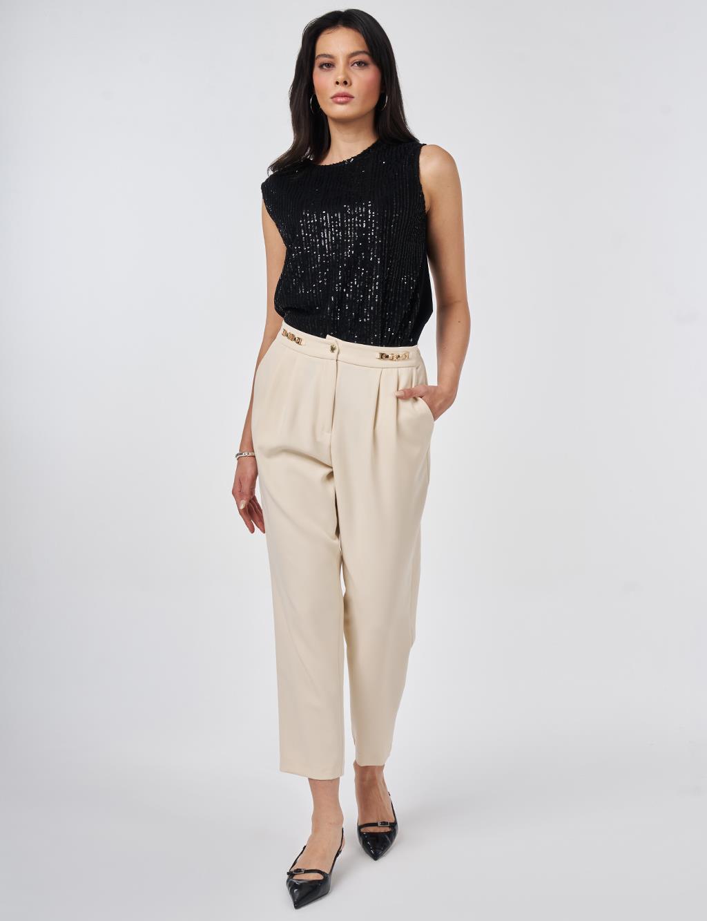 Metal-Detail Tapered Pants Cream