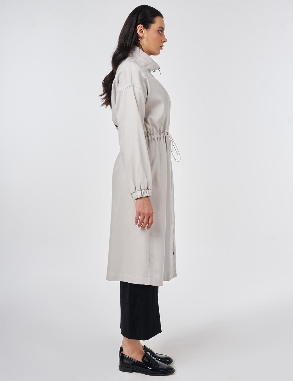 High-Neck Waist-Gathered Coat Light Grey