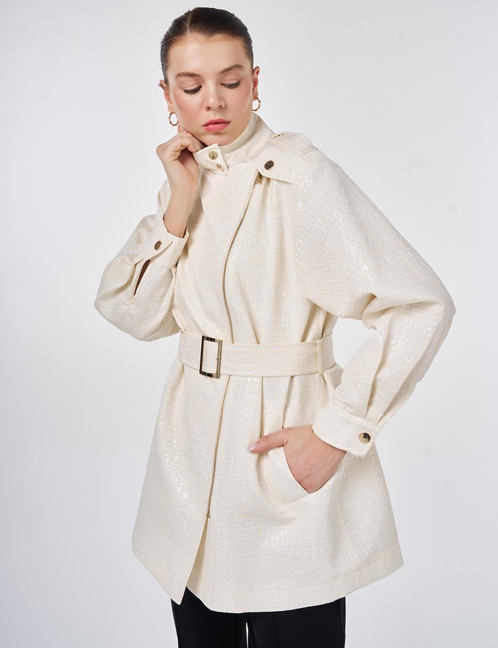 Buckle Detail Jacquard Jacket Cream