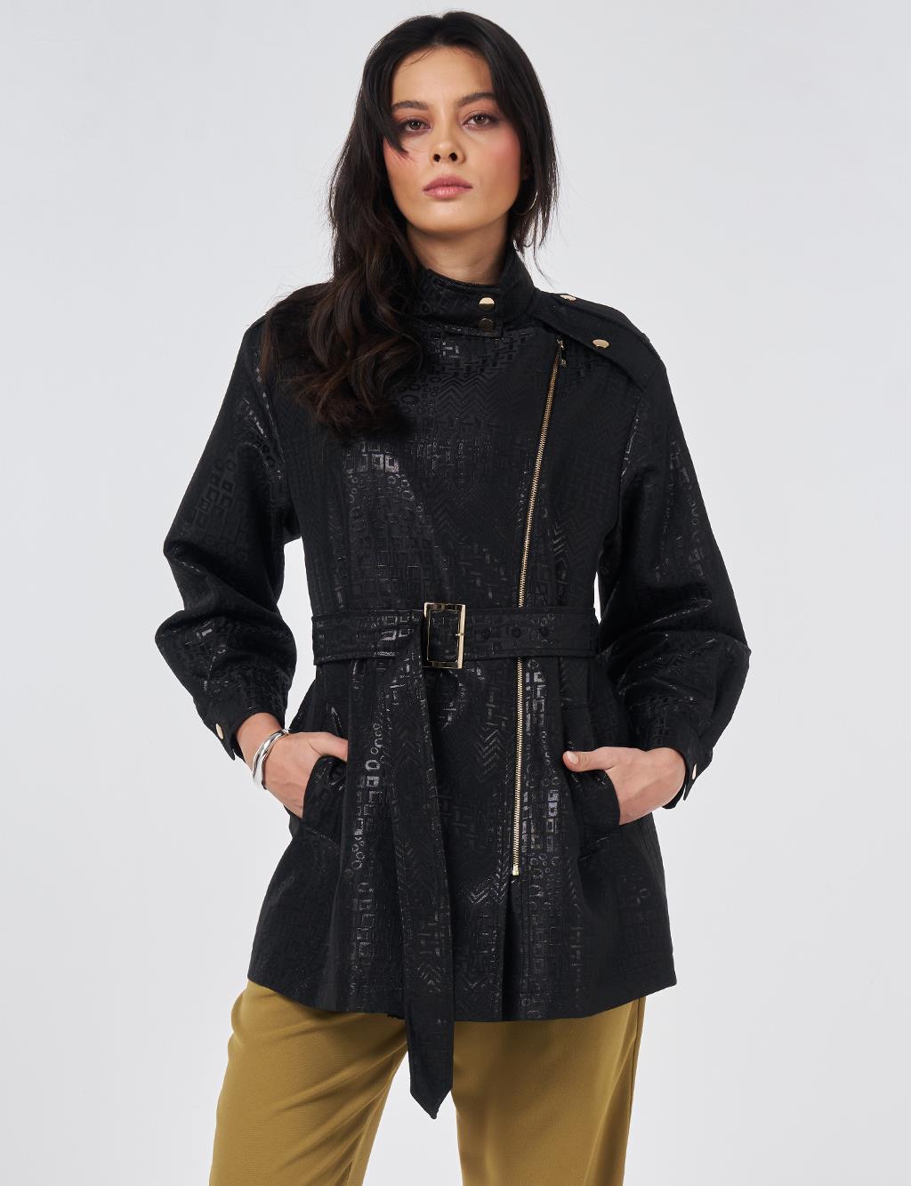 Buckle Detail Jacquard Jacket Black