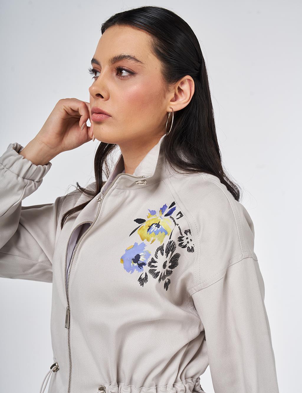 High-Neck Waist-Gathered Coat Light Grey