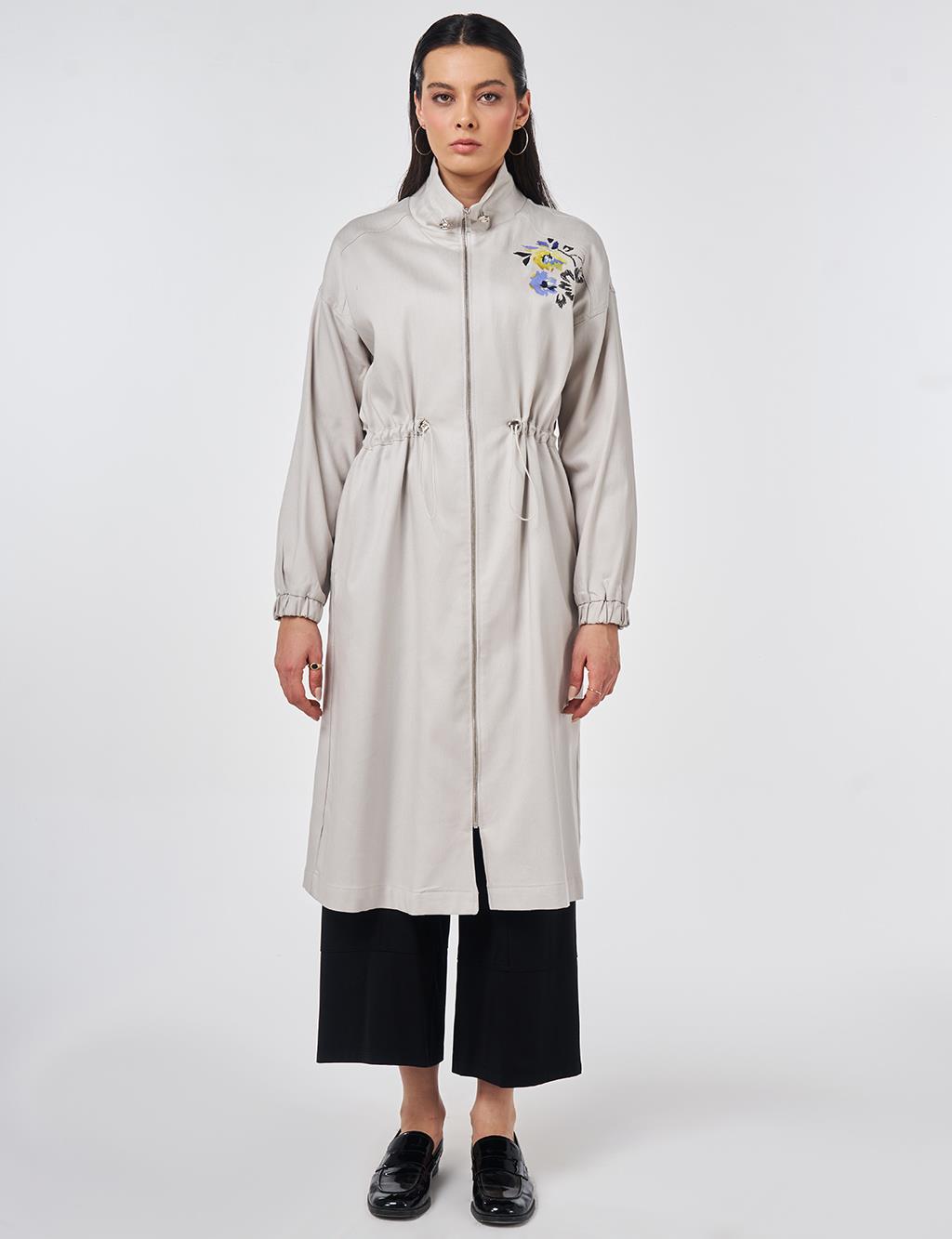 High-Neck Waist-Gathered Coat Light Grey