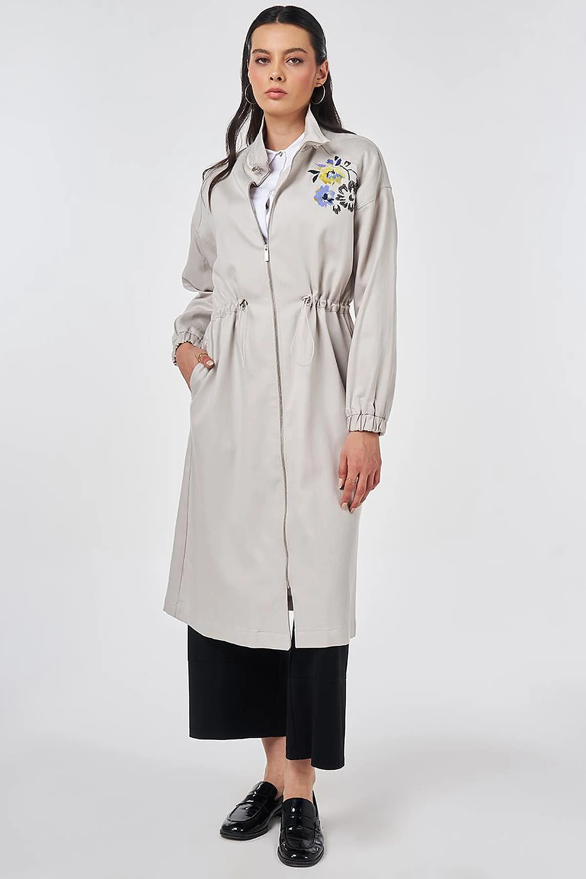 High-Neck Waist-Gathered Coat Light Grey