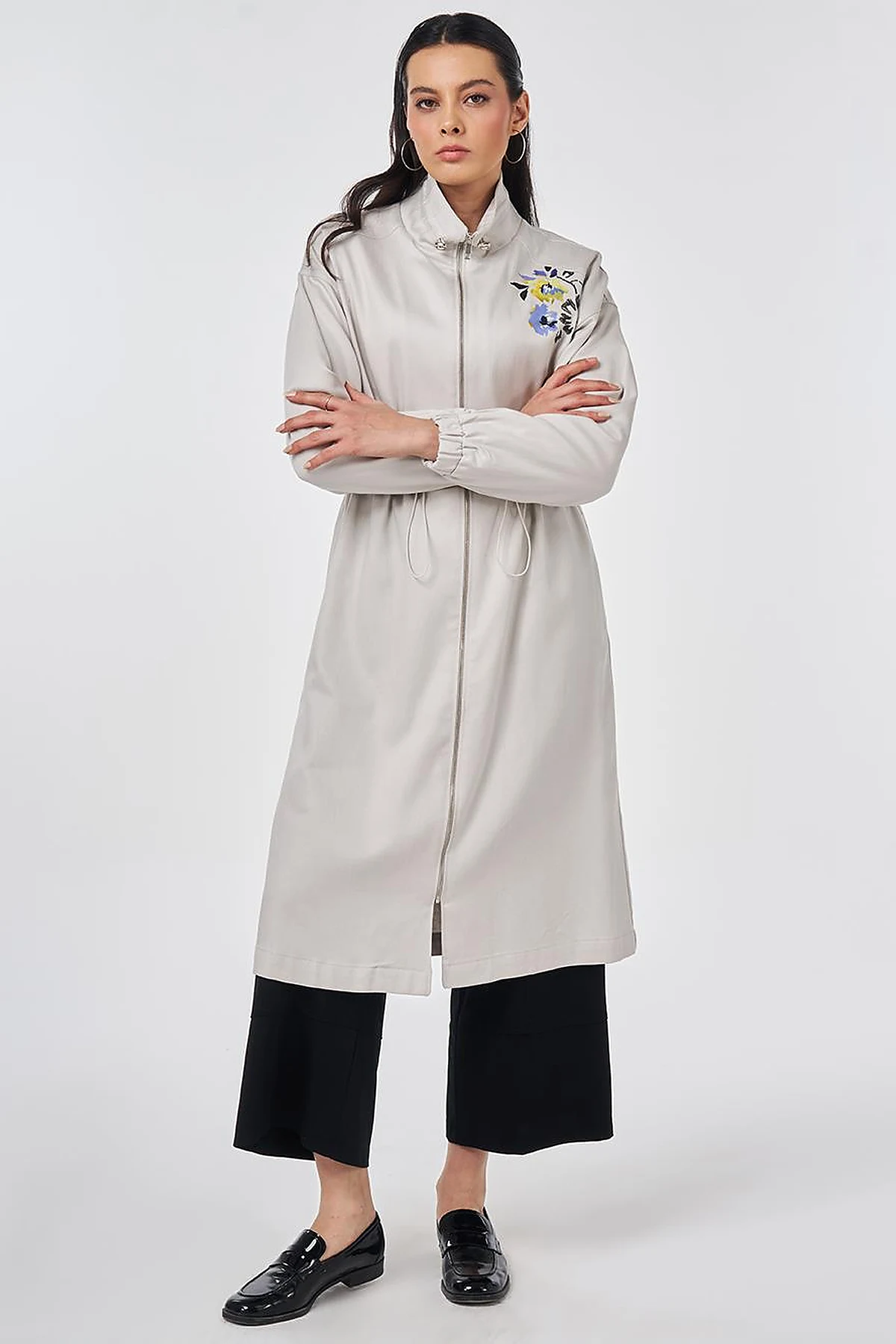 High-Neck Waist-Gathered Coat Light Grey