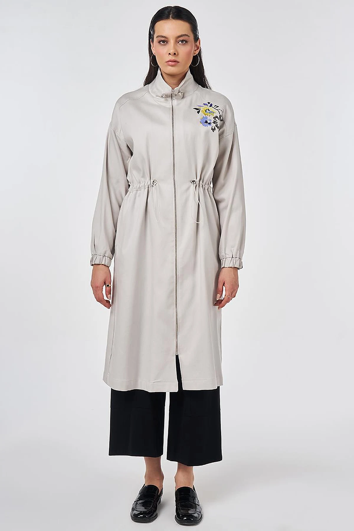 High-Neck Waist-Gathered Coat Light Grey