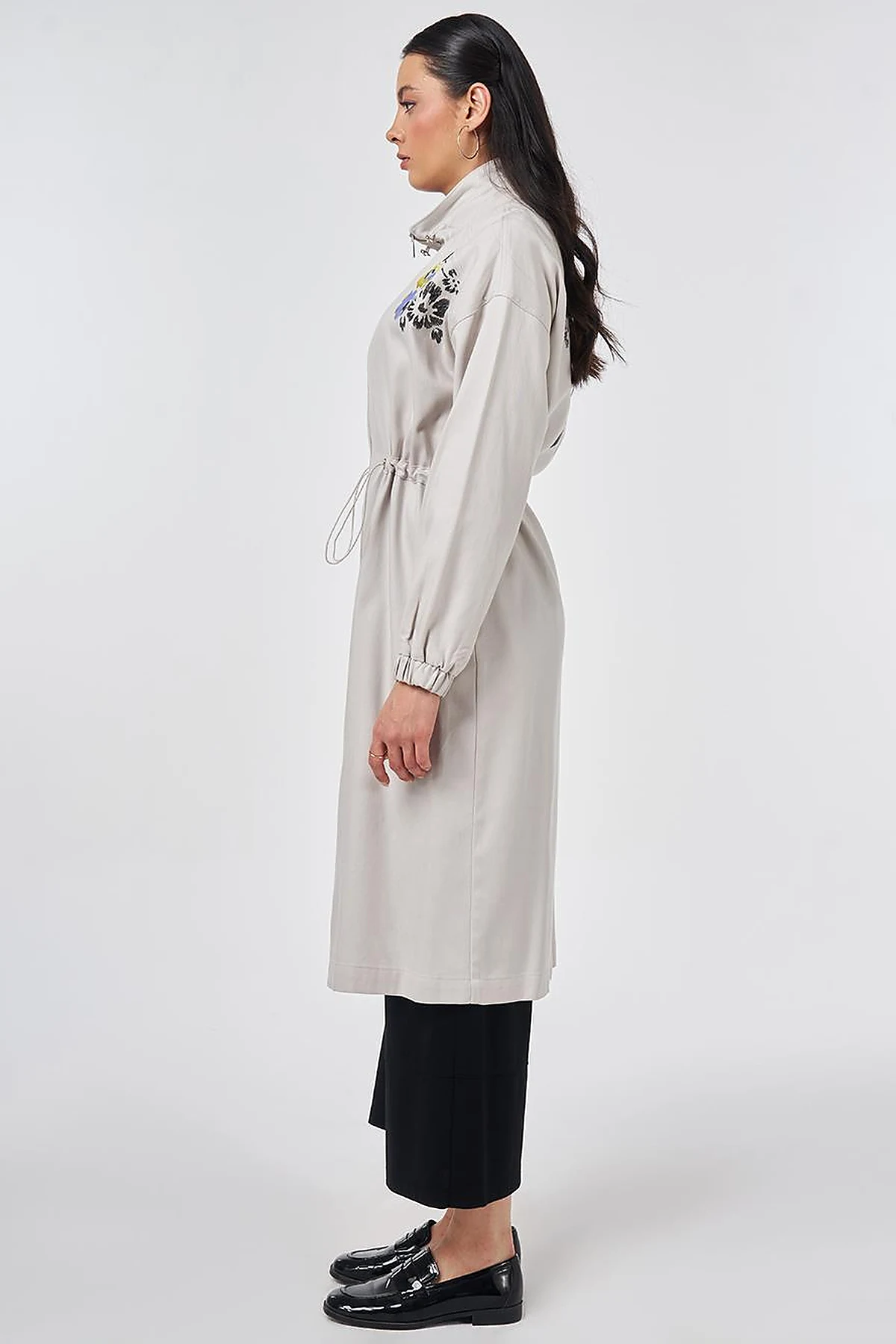 High-Neck Waist-Gathered Coat Light Grey