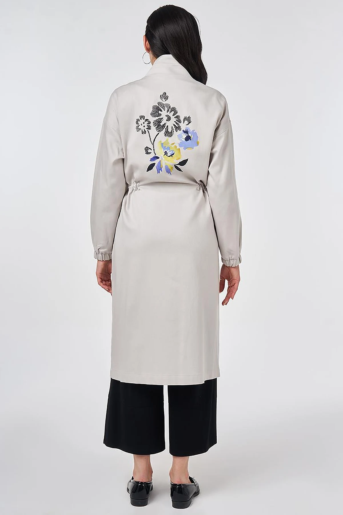 High-Neck Waist-Gathered Coat Light Grey