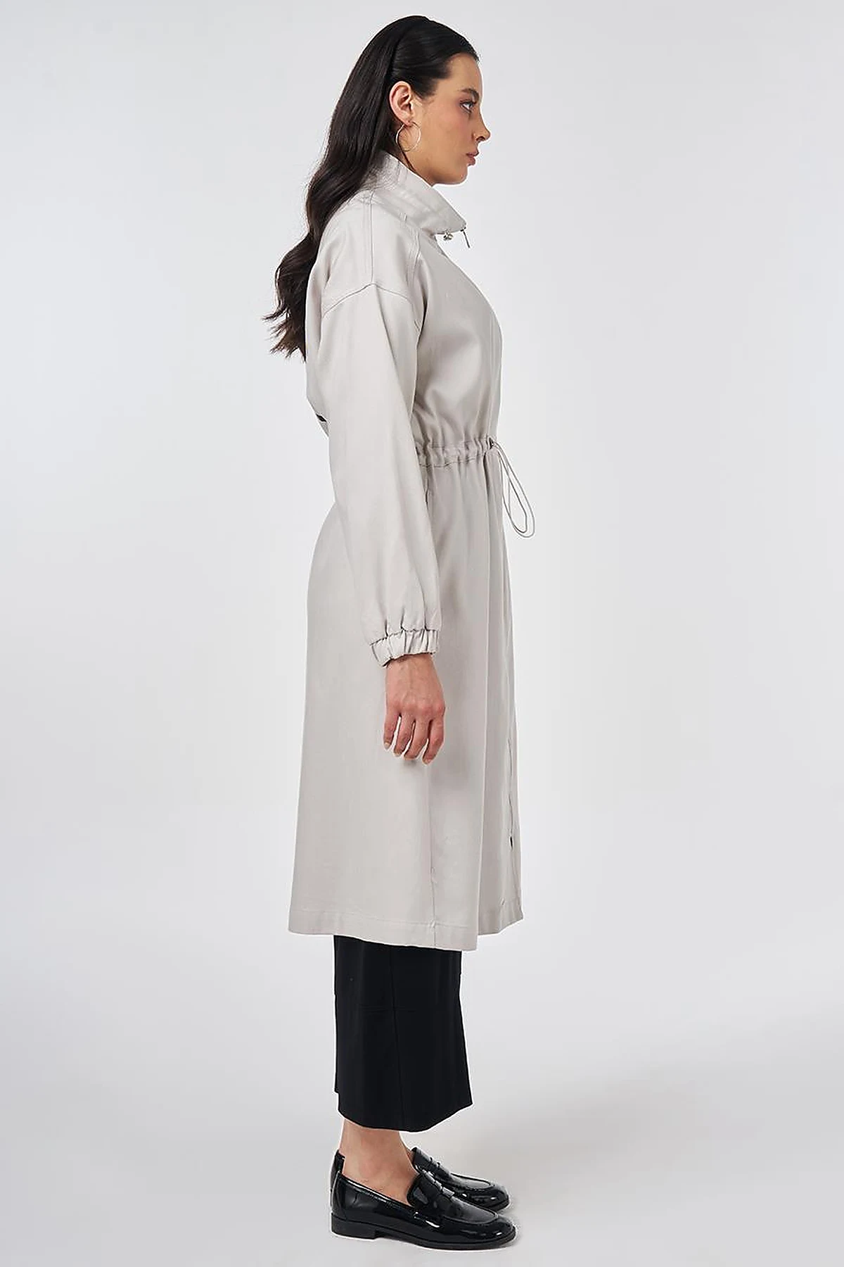 High-Neck Waist-Gathered Coat Light Grey