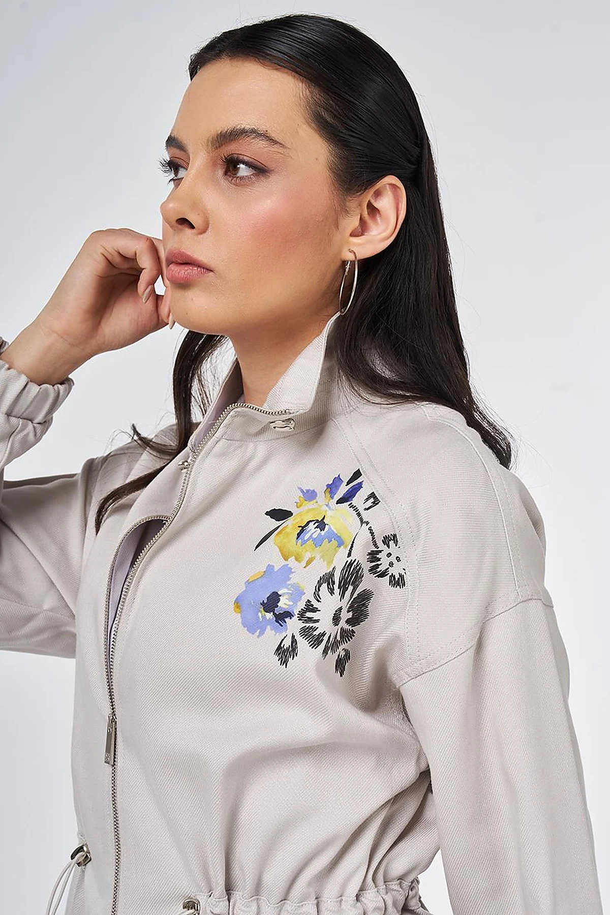 High-Neck Waist-Gathered Coat Light Grey