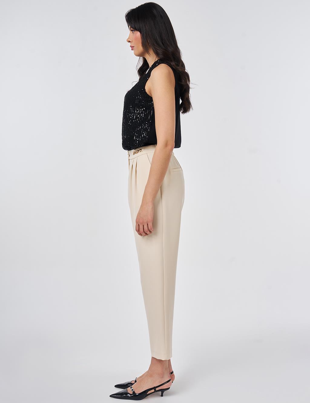 Metal-Detail Tapered Pants Cream