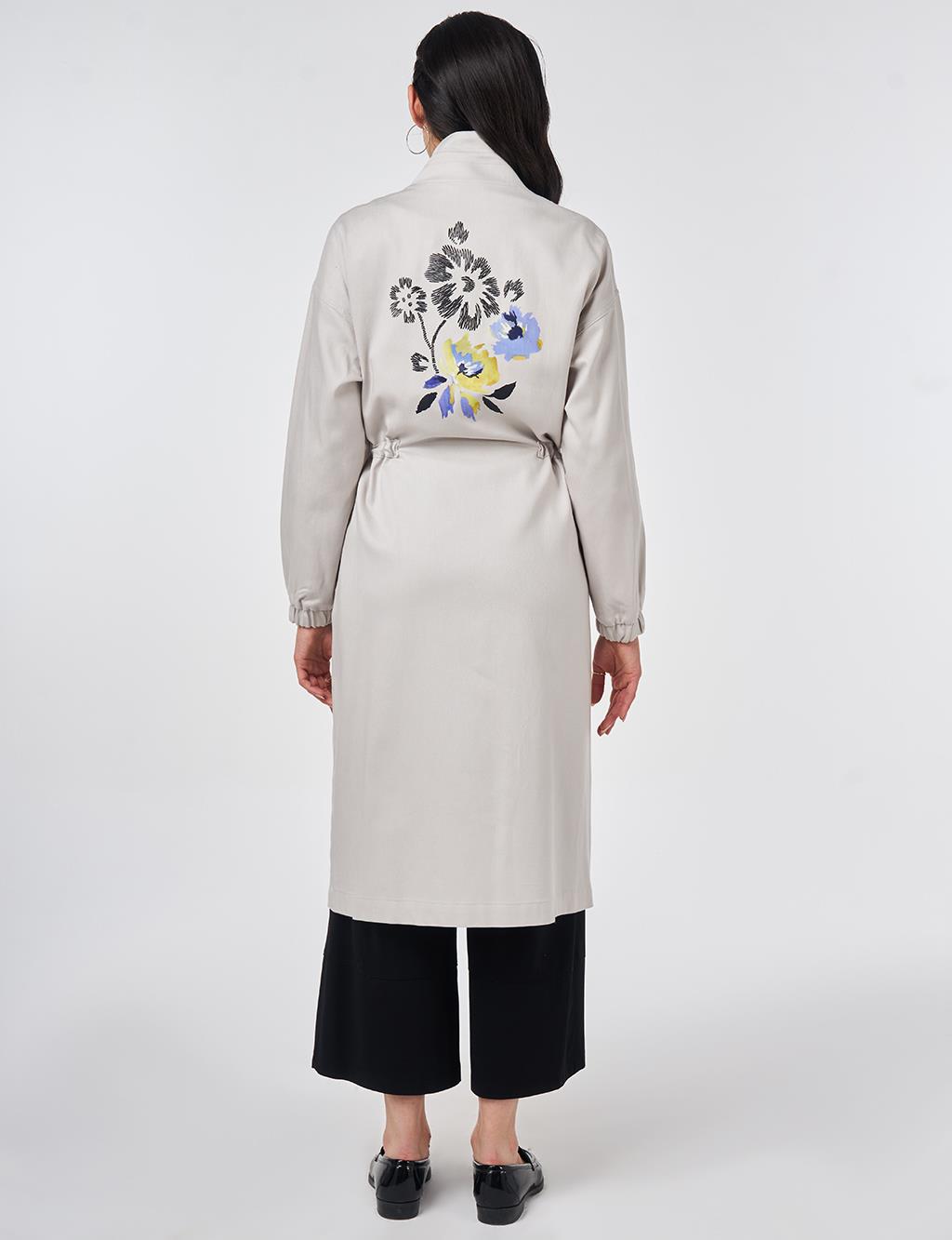 High-Neck Waist-Gathered Coat Light Grey