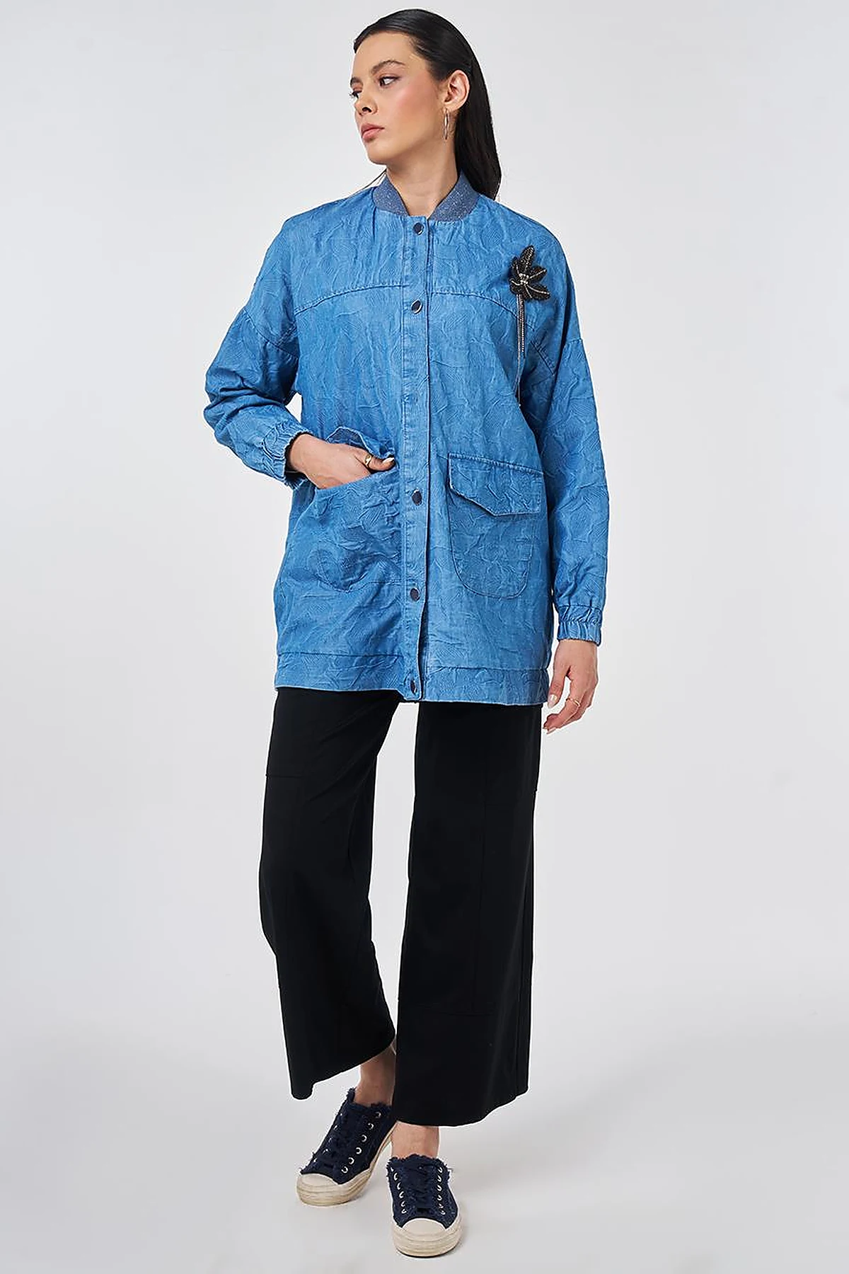 Embossed Pattern College Collar Jacket Indigo