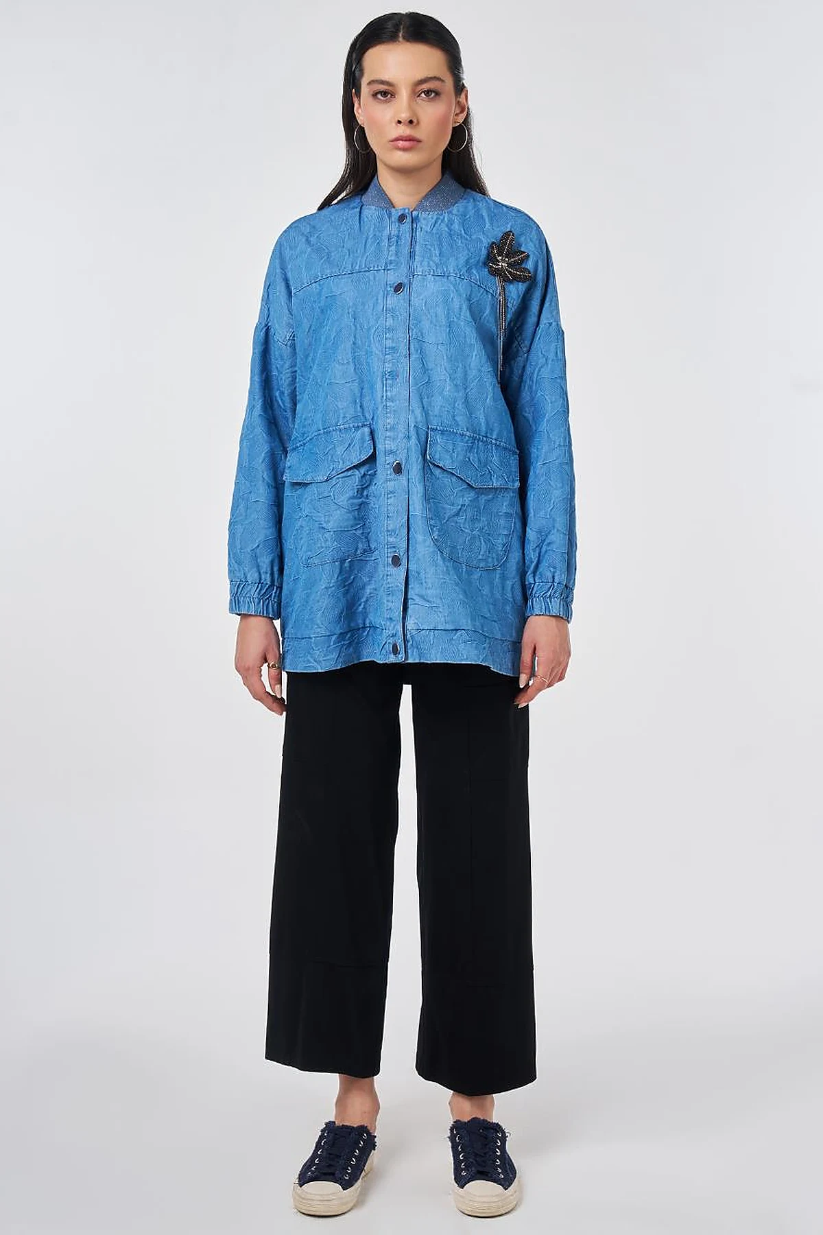 Embossed Pattern College Collar Jacket Indigo