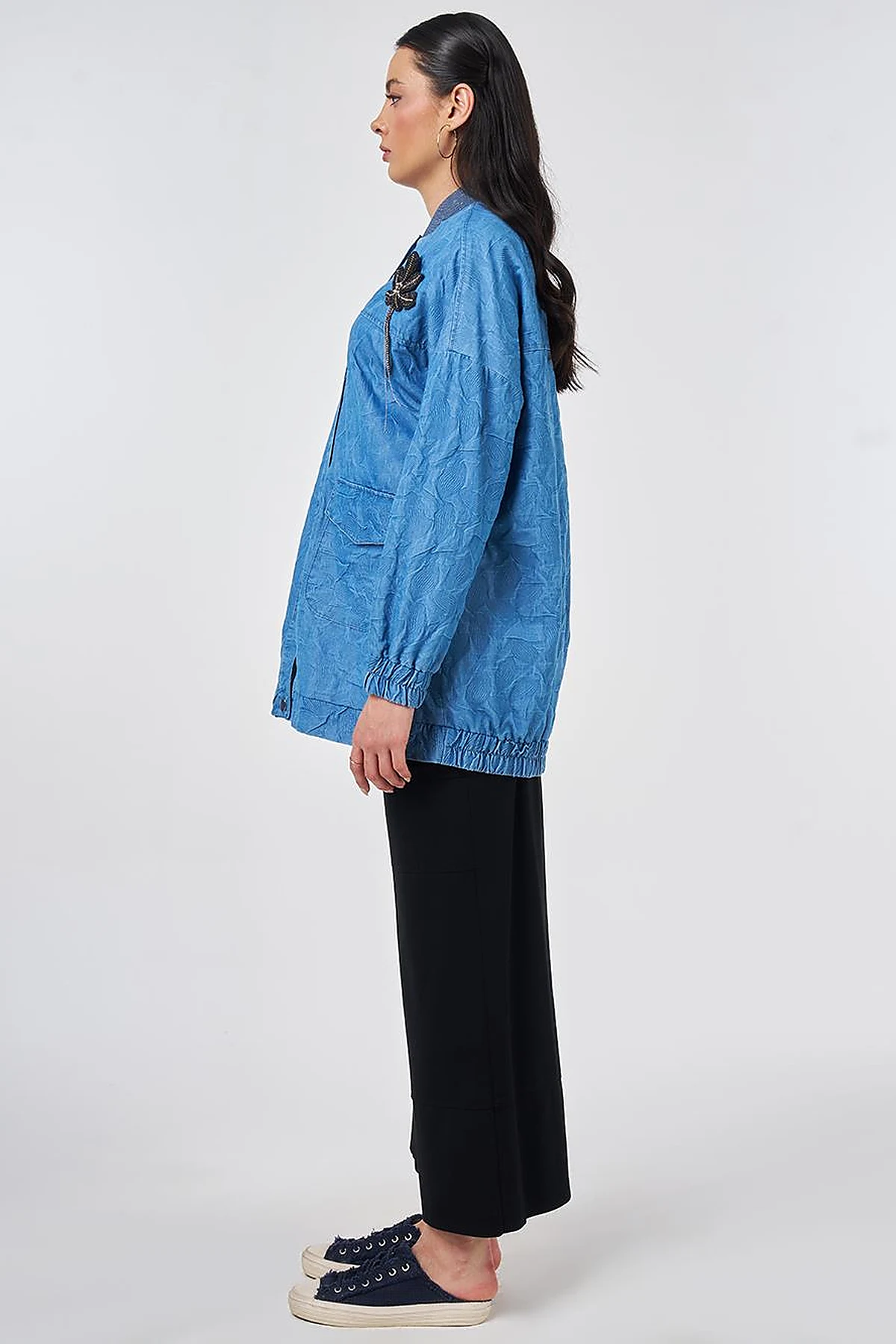 Embossed Pattern College Collar Jacket Indigo
