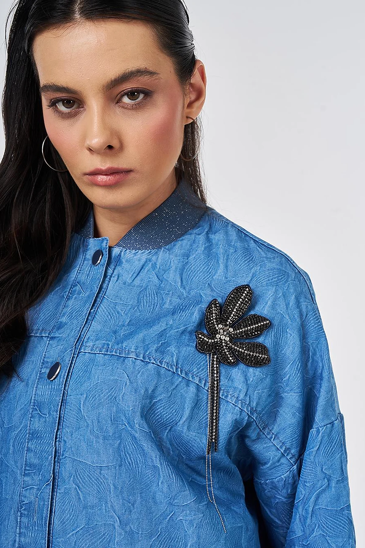 Embossed Pattern College Collar Jacket Indigo