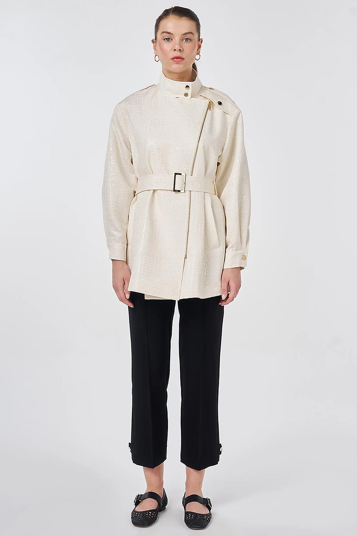 Buckle Detail Jacquard Jacket Cream