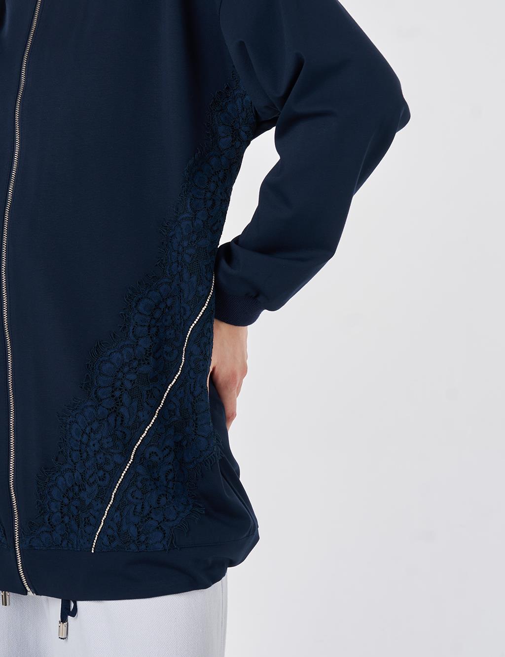Lace-Trimmed Rayon Jacket Dark Navy