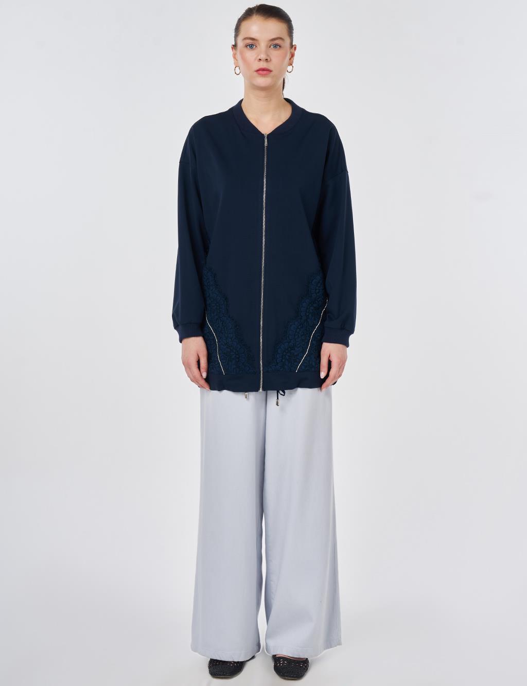 Lace-Trimmed Rayon Jacket Dark Navy