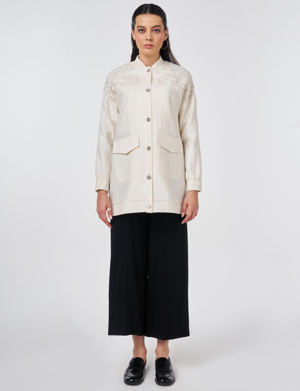 Embroidered Detail Jacquard Jacket Cream