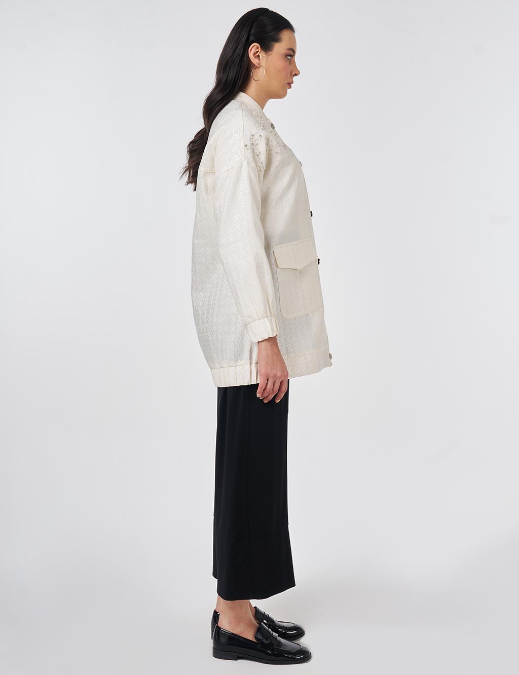 Embroidered Detail Jacquard Jacket Cream