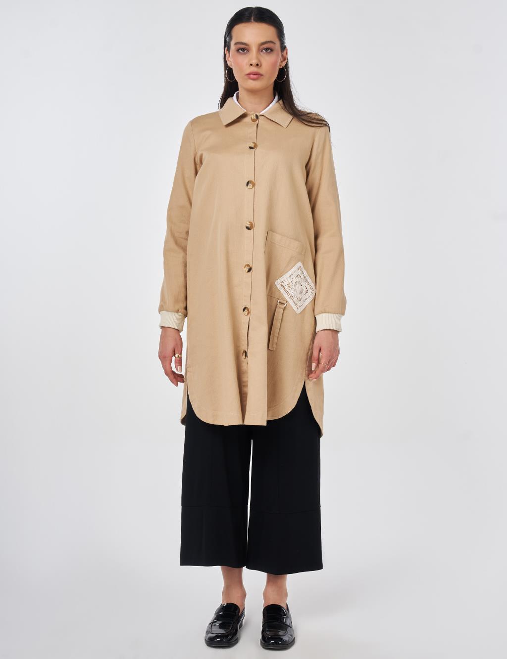 %100 Pamuklu Kroşe Garnili Tunik Bej