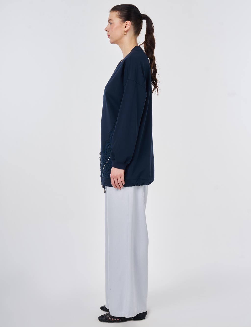 Lace-Trimmed Rayon Jacket Dark Navy