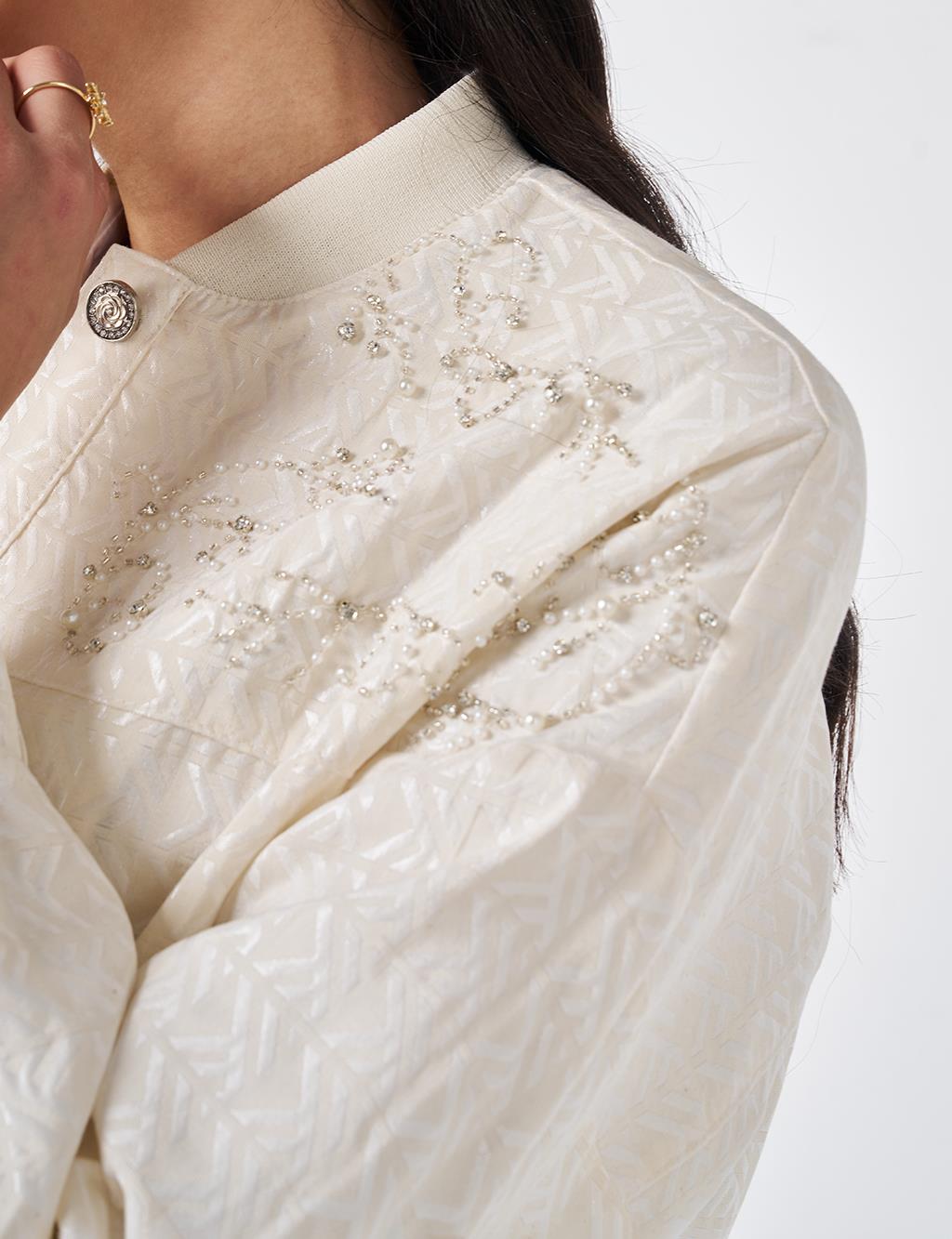 Embroidered Detail Jacquard Jacket Cream