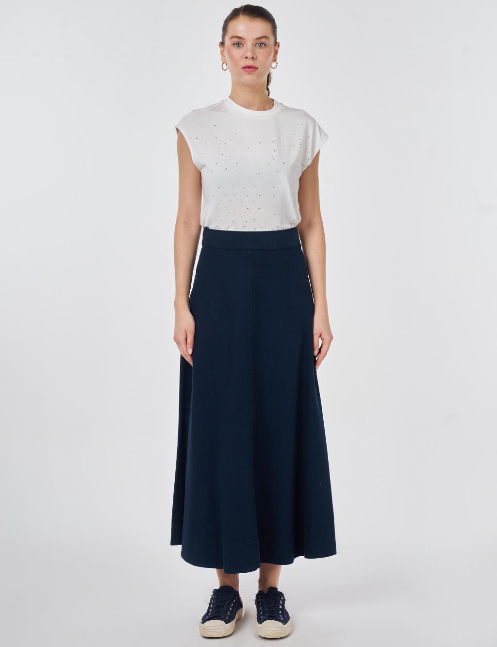 Punto Dikişli Non Denim Etek Koyu Lacivert