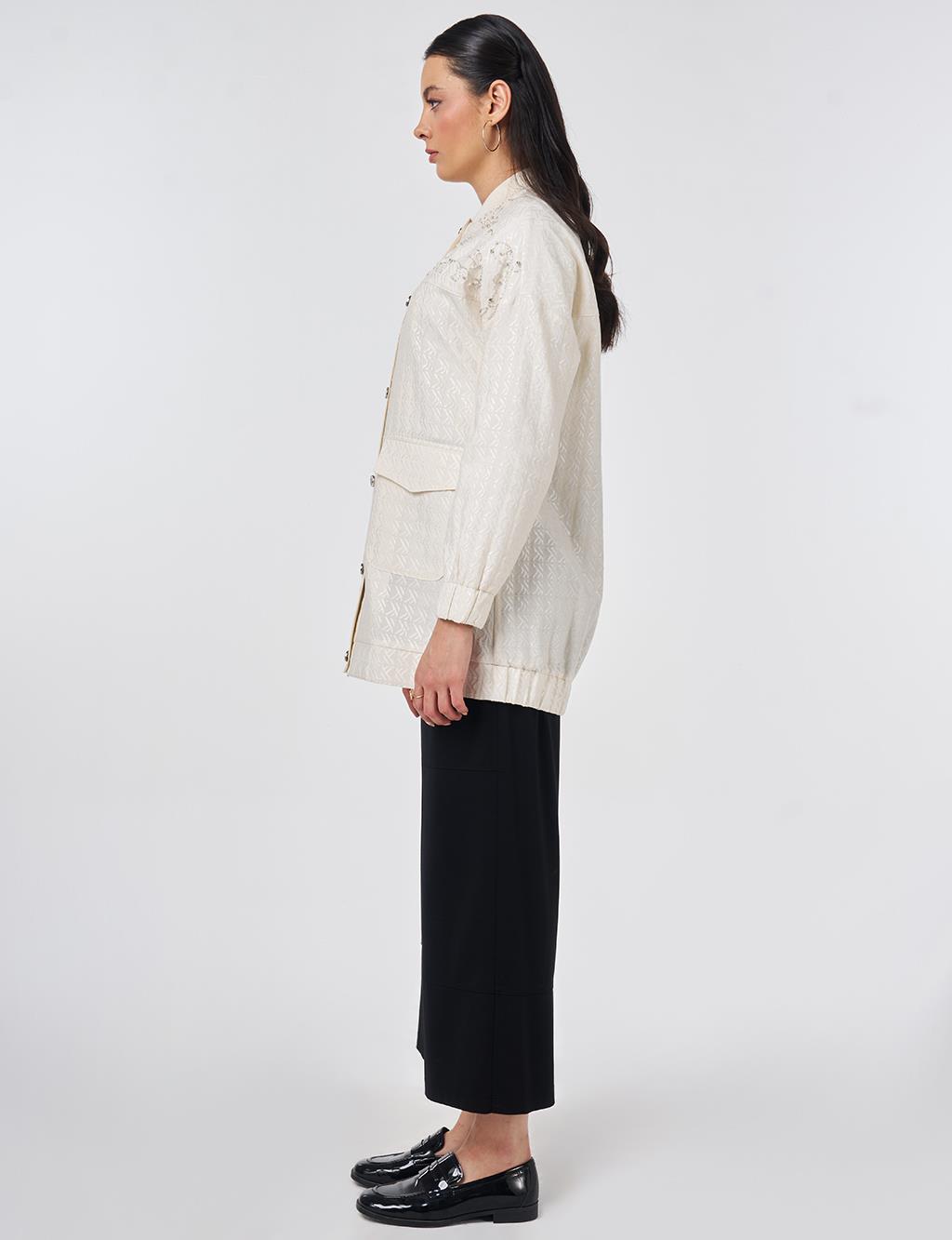 Embroidered Detail Jacquard Jacket Cream