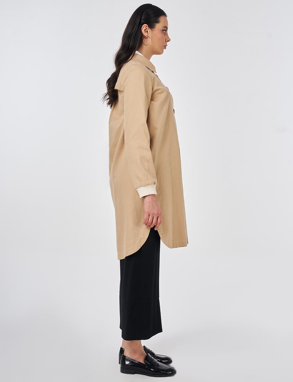 %100 Pamuklu Kroşe Garnili Tunik Bej