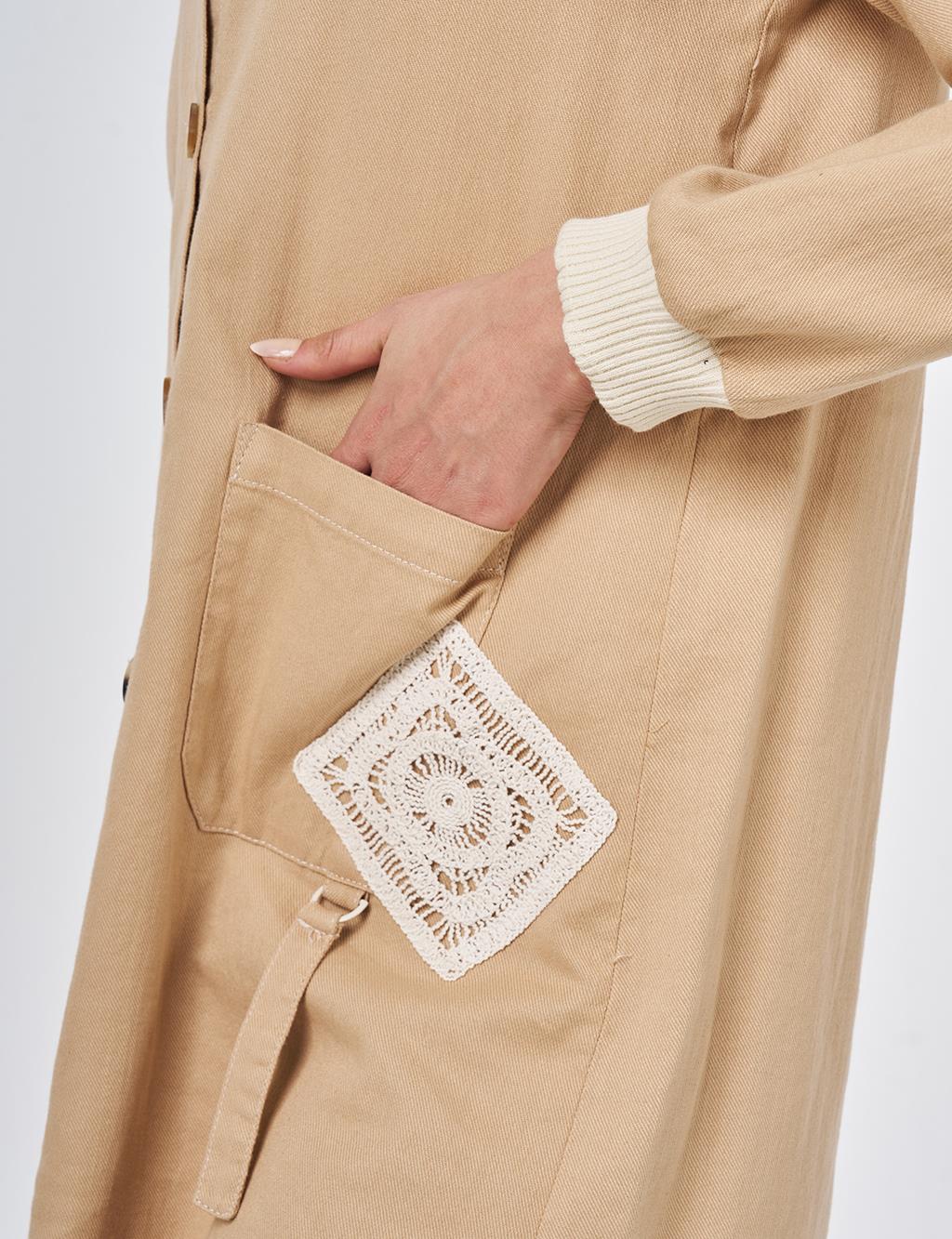 %100 Pamuklu Kroşe Garnili Tunik Bej