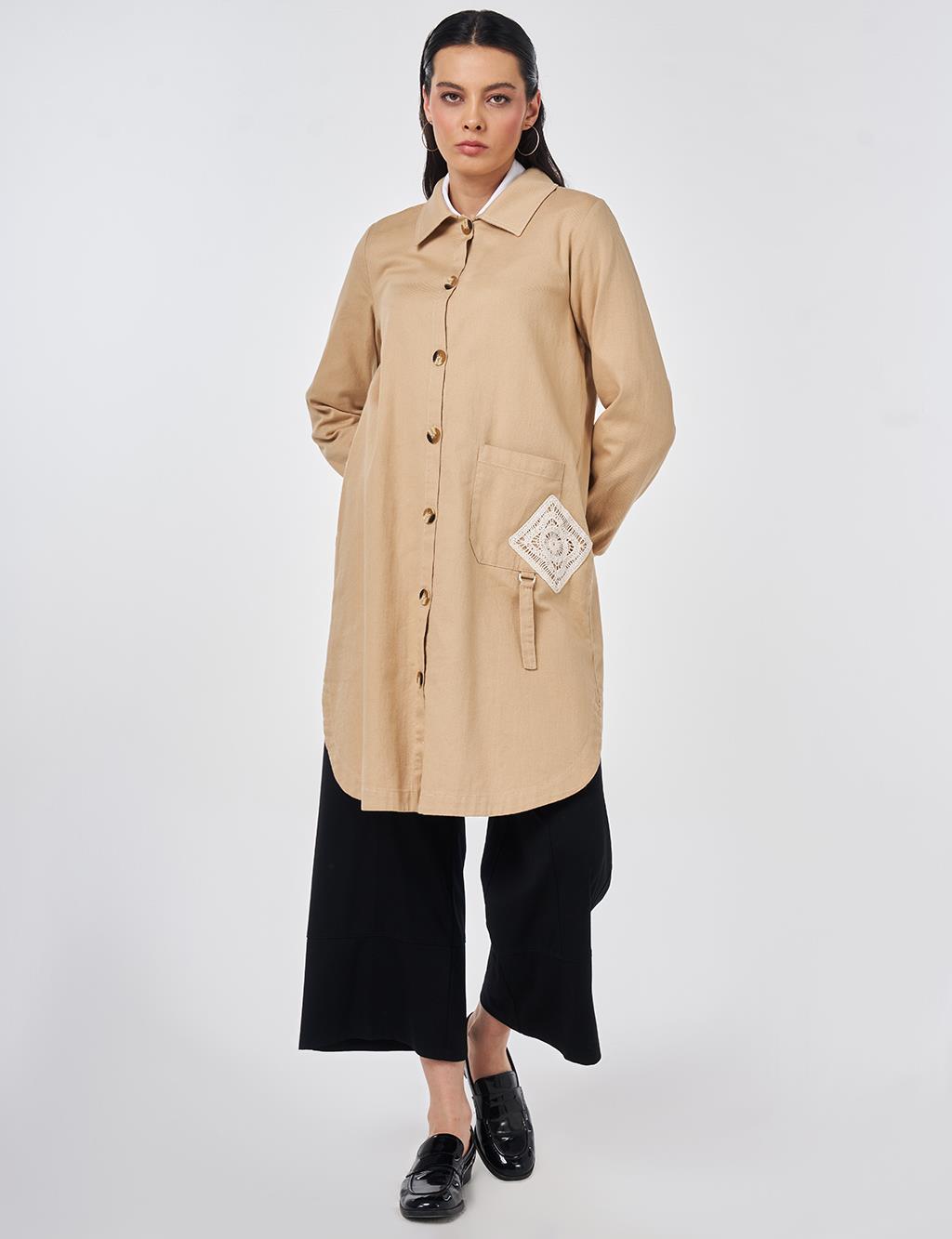 %100 Pamuklu Kroşe Garnili Tunik Bej